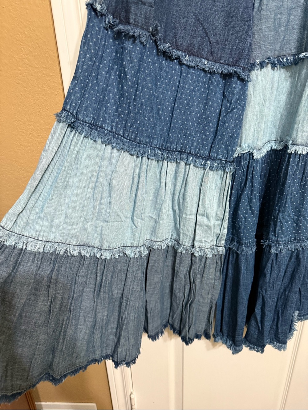 H010 NWT Young Threads M w13-19 Patchwork Wide-Leg Denim Jumpsuit Pants - Blue - Picture 3 of 9